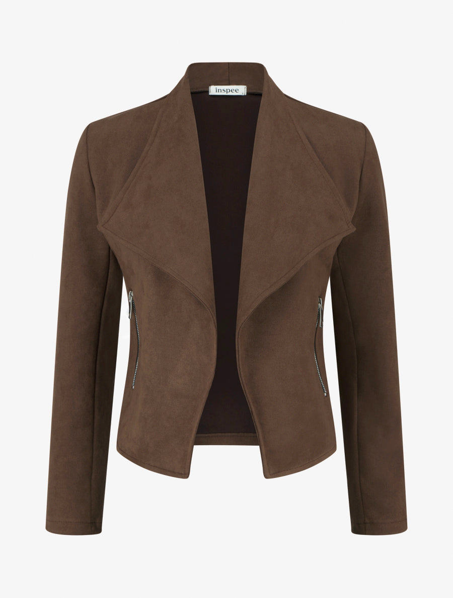 Suède jasje met decoratieve ritszakken - Bruin