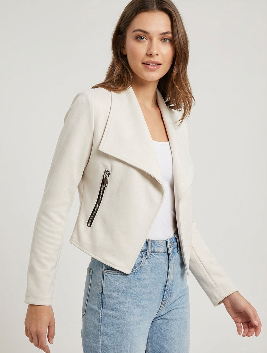 Suède jasje met sjaalkraag - Crème