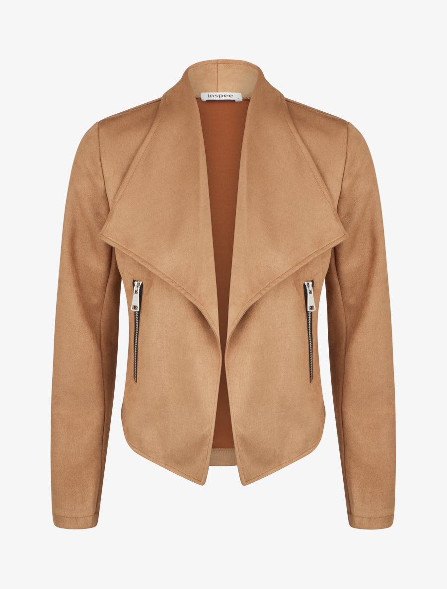 Suède jasje met sjaalkraag - Kameel