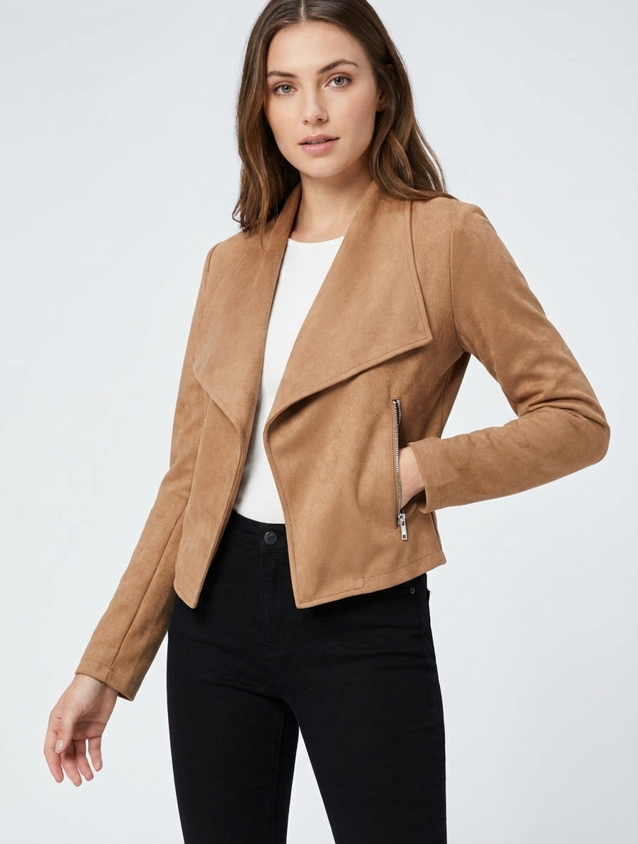 Suède jasje met sjaalkraag - Kameel
