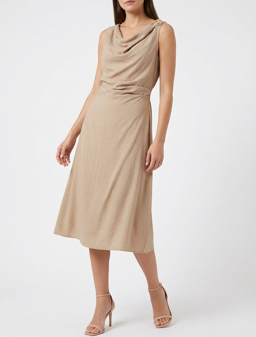 Mouwloze lange jurk met gedrapeerd effect - Donker beige