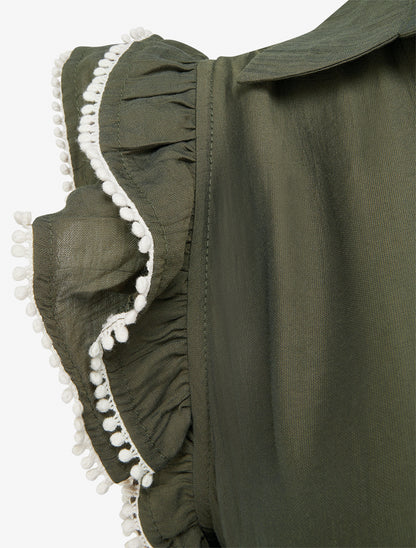 Robe longue à mancherons volantés en crochet - Kaki - 3