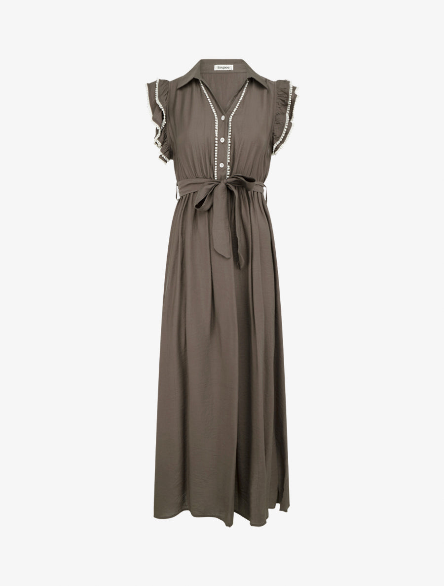 Robe longue à mancherons volantés en crochet - Marron - 1