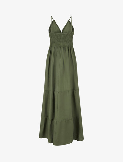 Robe élastiquée à empiècements en crochet - Kaki - 2