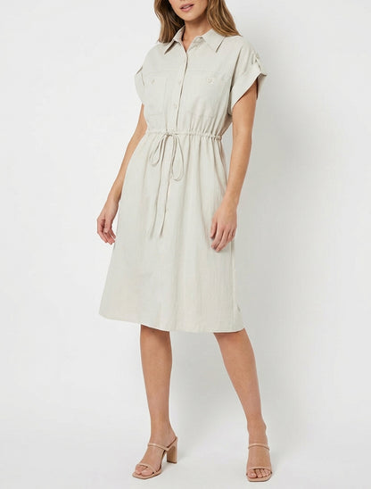 Effen, recht jurk met korte mouwen - Beige
