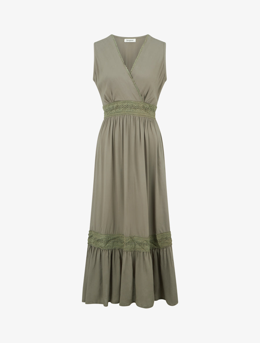 Robe sans manches à broderies - Kaki - 1