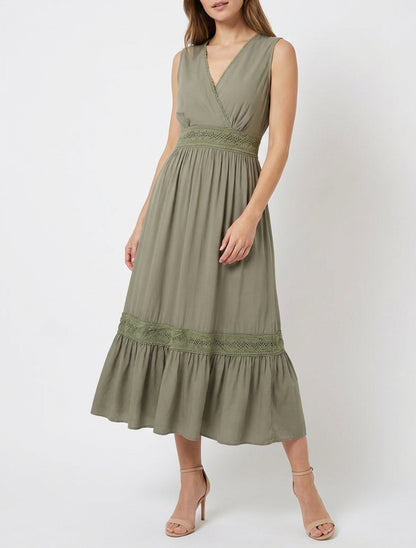 Mouwloze jurk met borduursels - Kaki