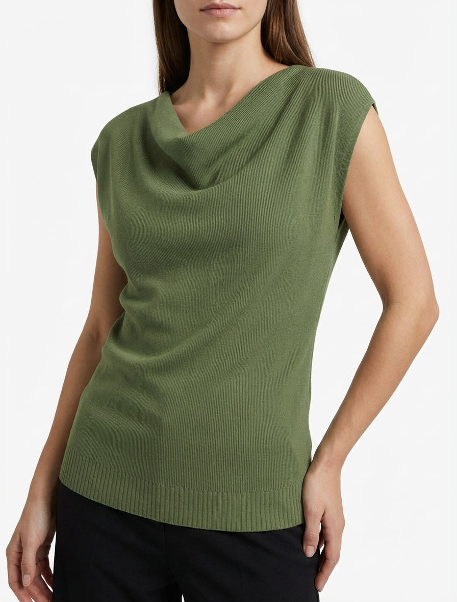 Mouwloze top met watervalhalslijn. - Kaki