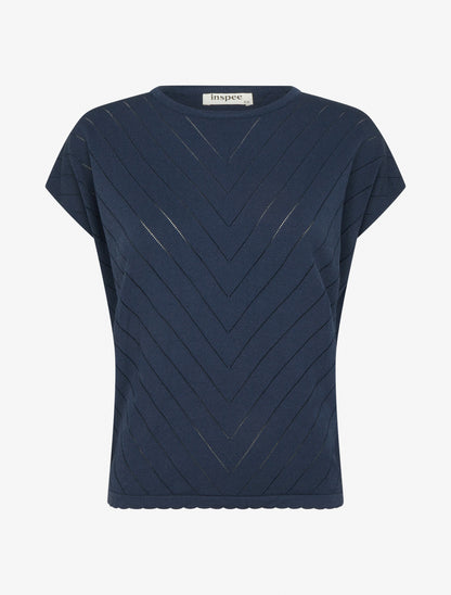 Top uni ajouré à col rond - Marine - 1