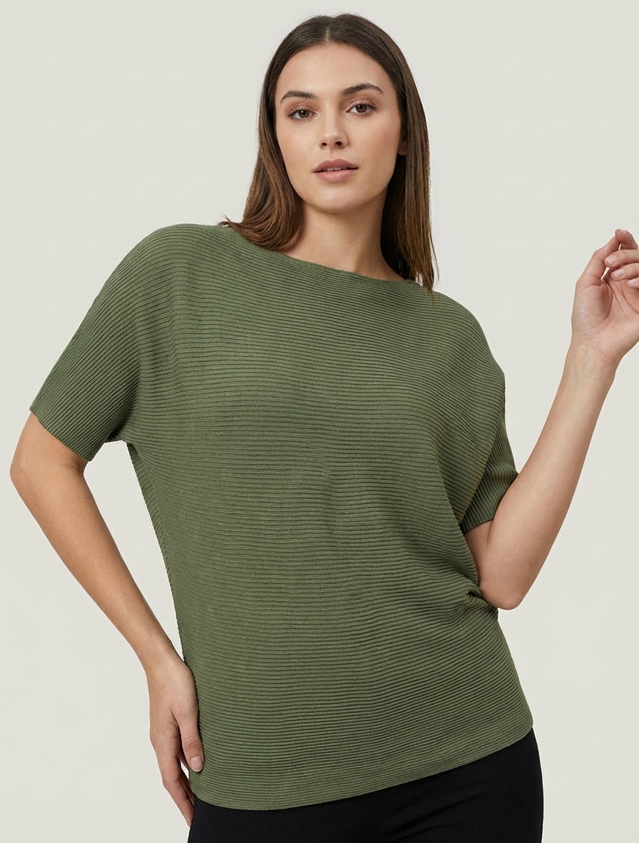Getextureerde top met korte mouwen - Kaki