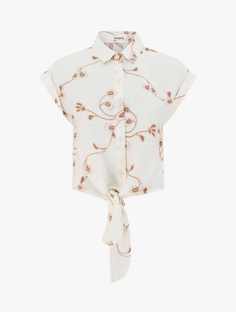 Chemise à nouer à broderies florales - Écru - 1