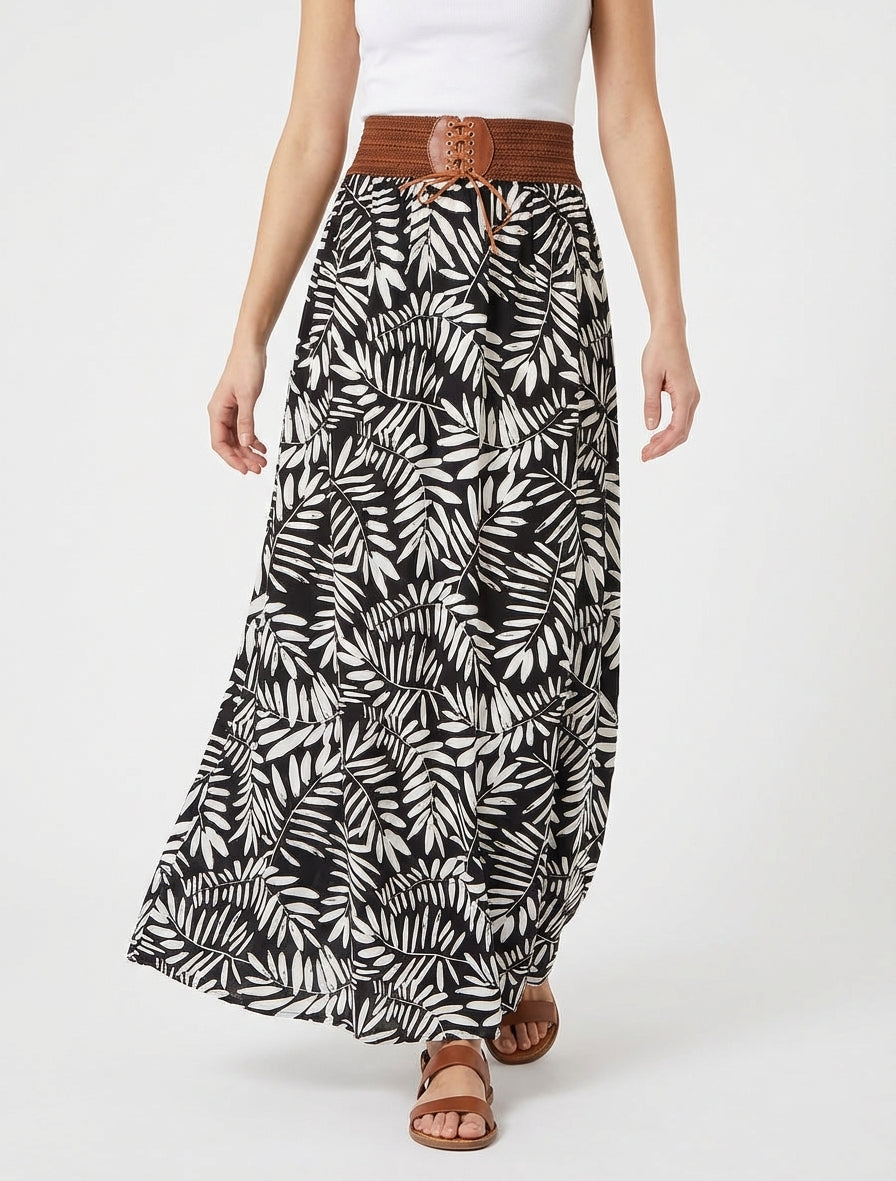 Lange rok met bladdessin en elastische tailleband - Zwart