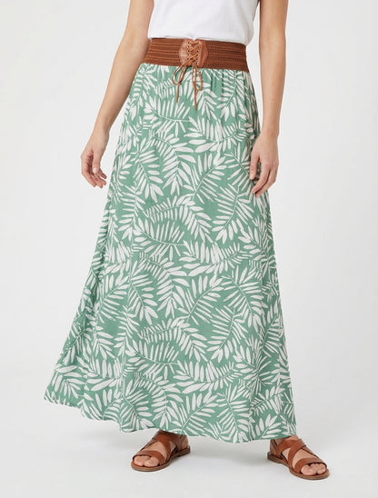 Lange rok met bladdessin en elastische tailleband - Watergroen