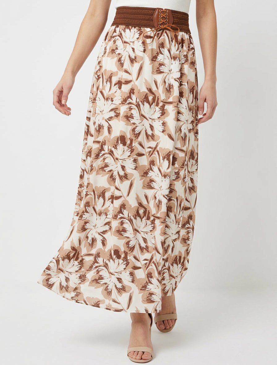 Lange rok met elastiek met bloemenprint - Bruin