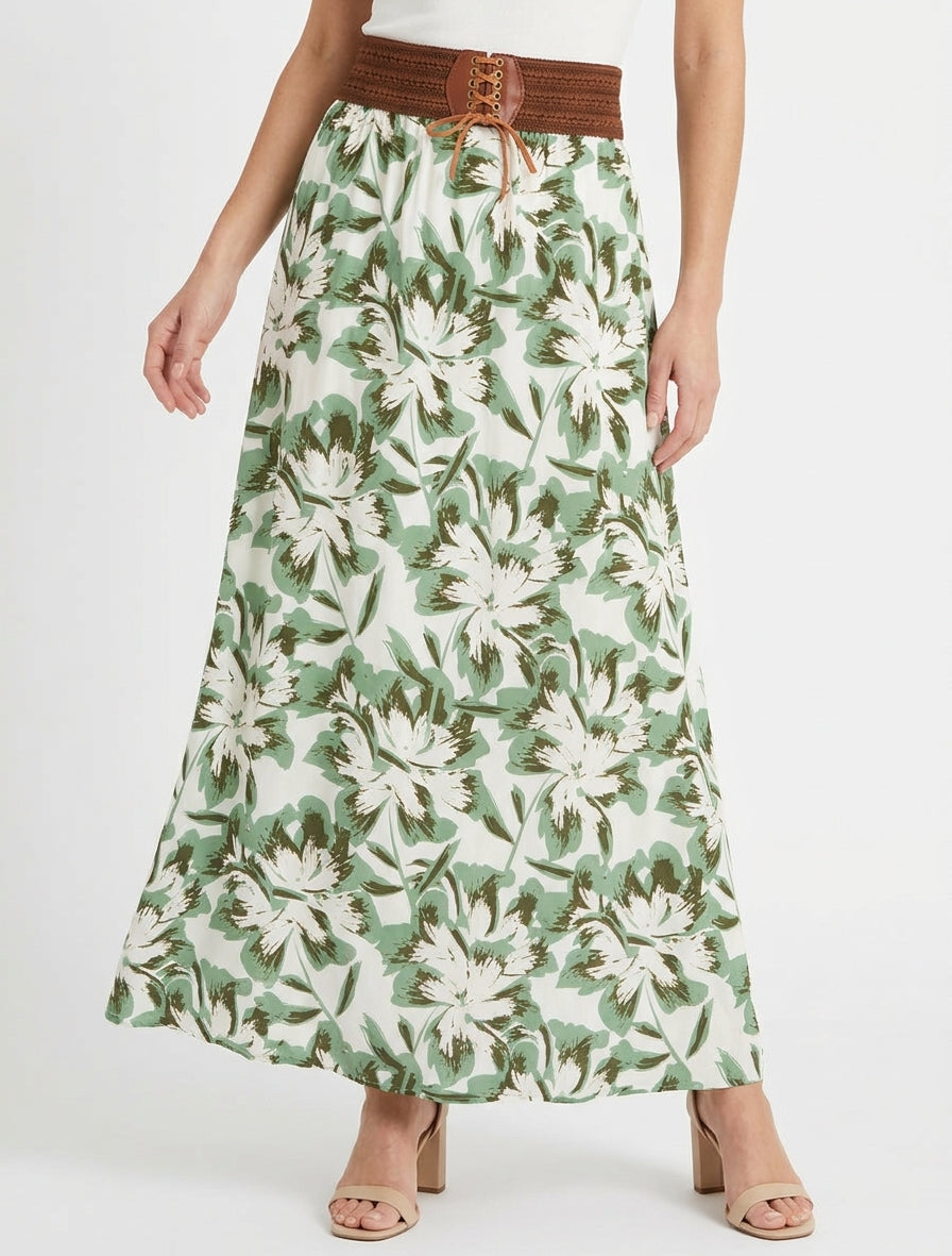 Lange rok met elastiek met bloemenprint - Groen