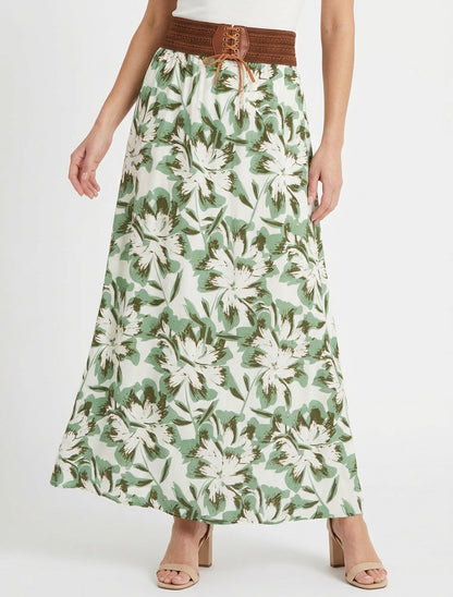 Lange rok met elastiek met bloemenprint - Groen