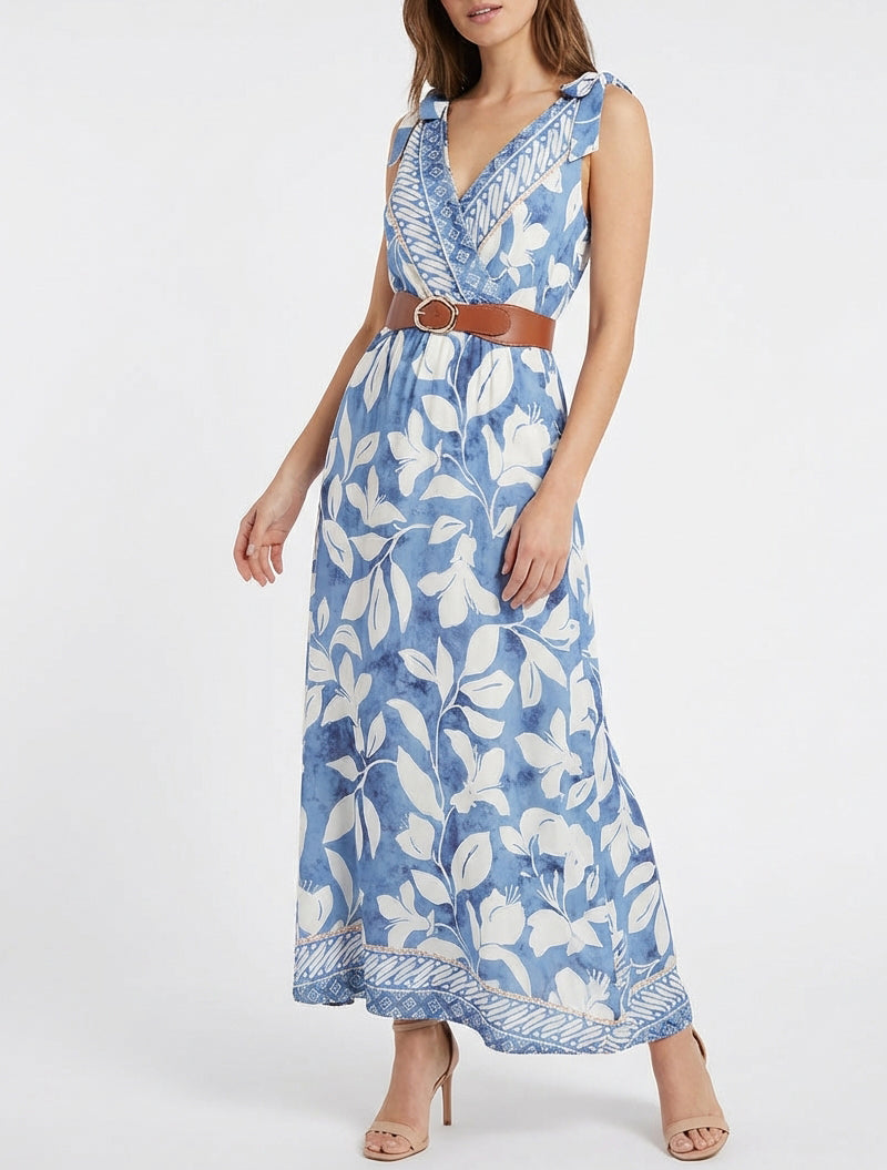 Jurk met tropische bloemenprint en strikbandjes - Lichtblauw