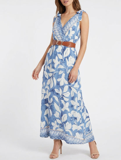 Jurk met tropische bloemenprint en strikbandjes - Lichtblauw