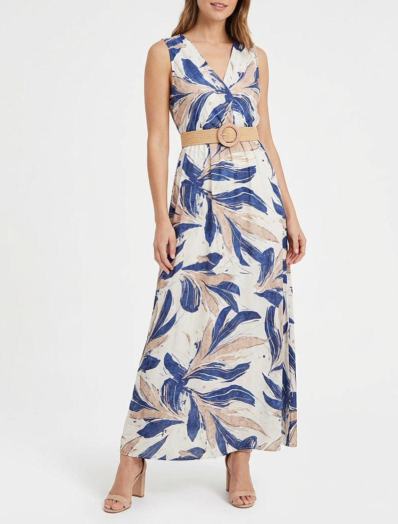 Mouwloze lange uitlopende jurk met fantasieprint - Blauw