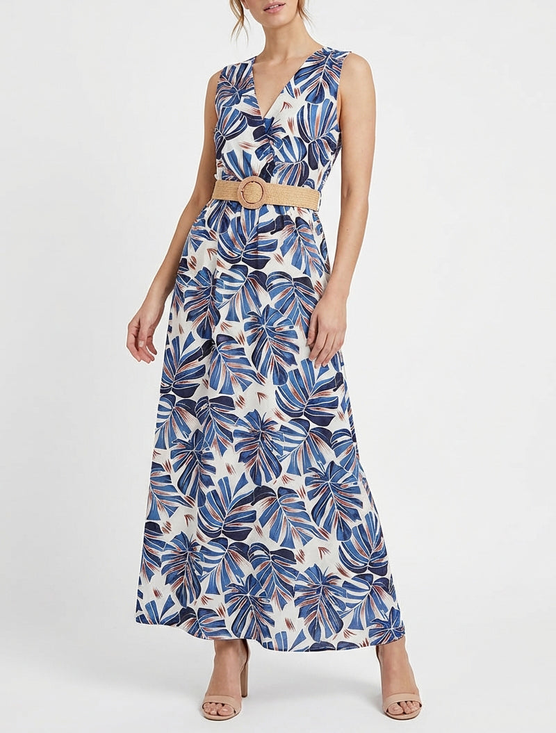 Mouwloze lange uitlopende jurk met tropische print - Blauw