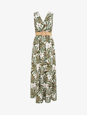 Robe longue évasée sans manches imprimé tropical - Kaki - 1