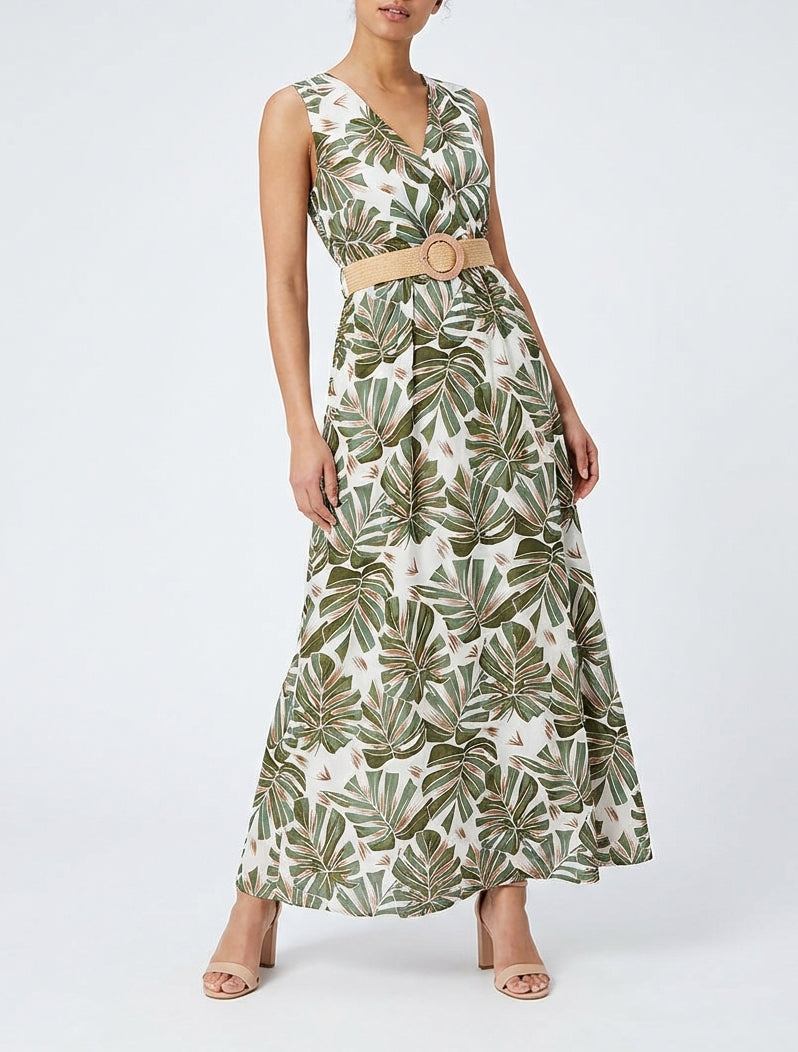 Mouwloze lange uitlopende jurk met tropische print - Kaki