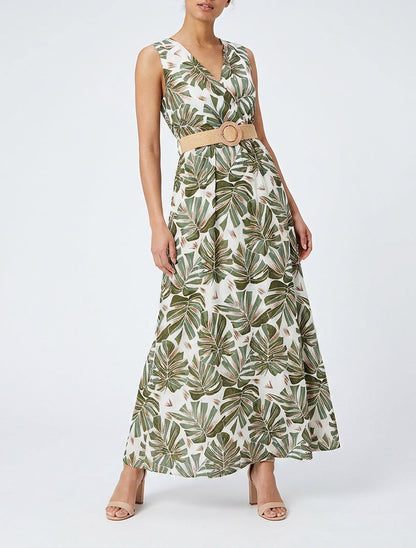 Mouwloze lange uitlopende jurk met tropische print - Kaki