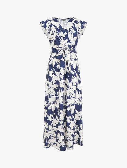 Robe longue imprimé fleurs tropicales à manches courtes - Marine - 1