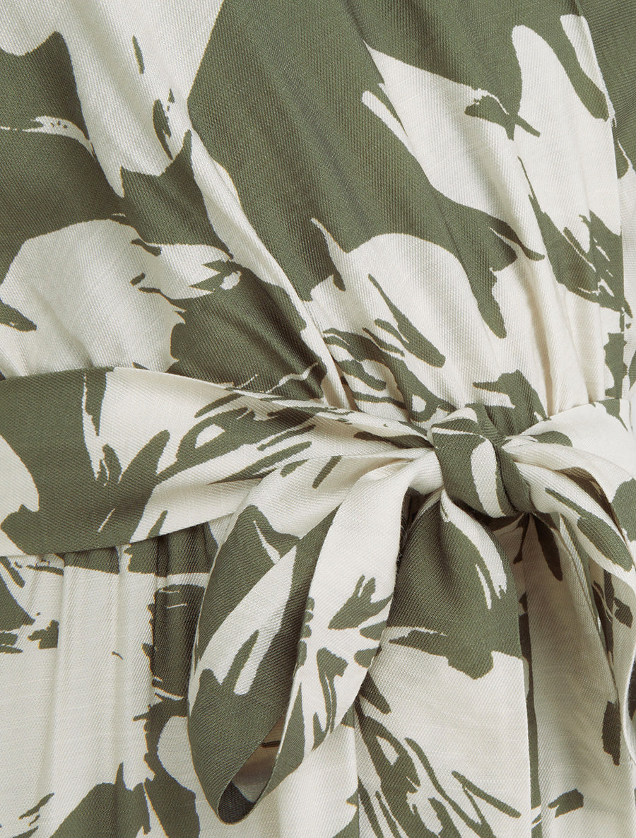 Robe longue imprimé fleurs tropicales à manches courtes - Kaki - 3