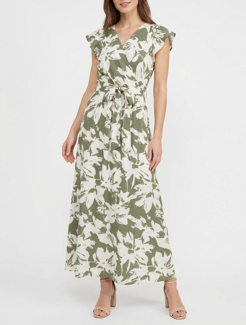 Lange jurk met tropische bloemenprint en korte mouwen - Kaki