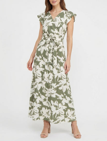 Lange jurk met tropische bloemenprint en korte mouwen - Kaki
