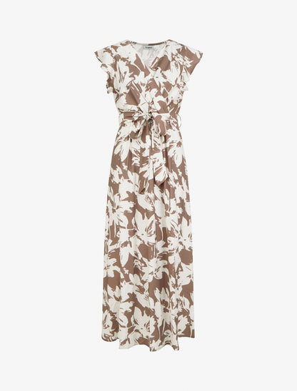 Robe longue imprimé fleurs tropicales à manches courtes - Marron - 1