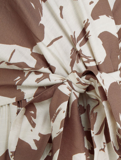 Robe longue imprimé fleurs tropicales à manches courtes - Marron - 3