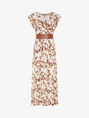 Robe longue fleurie à mancherons volantés - Marron - 1