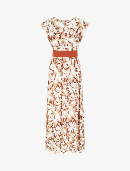 Robe longue fleurie à mancherons volantés - Marron - 2