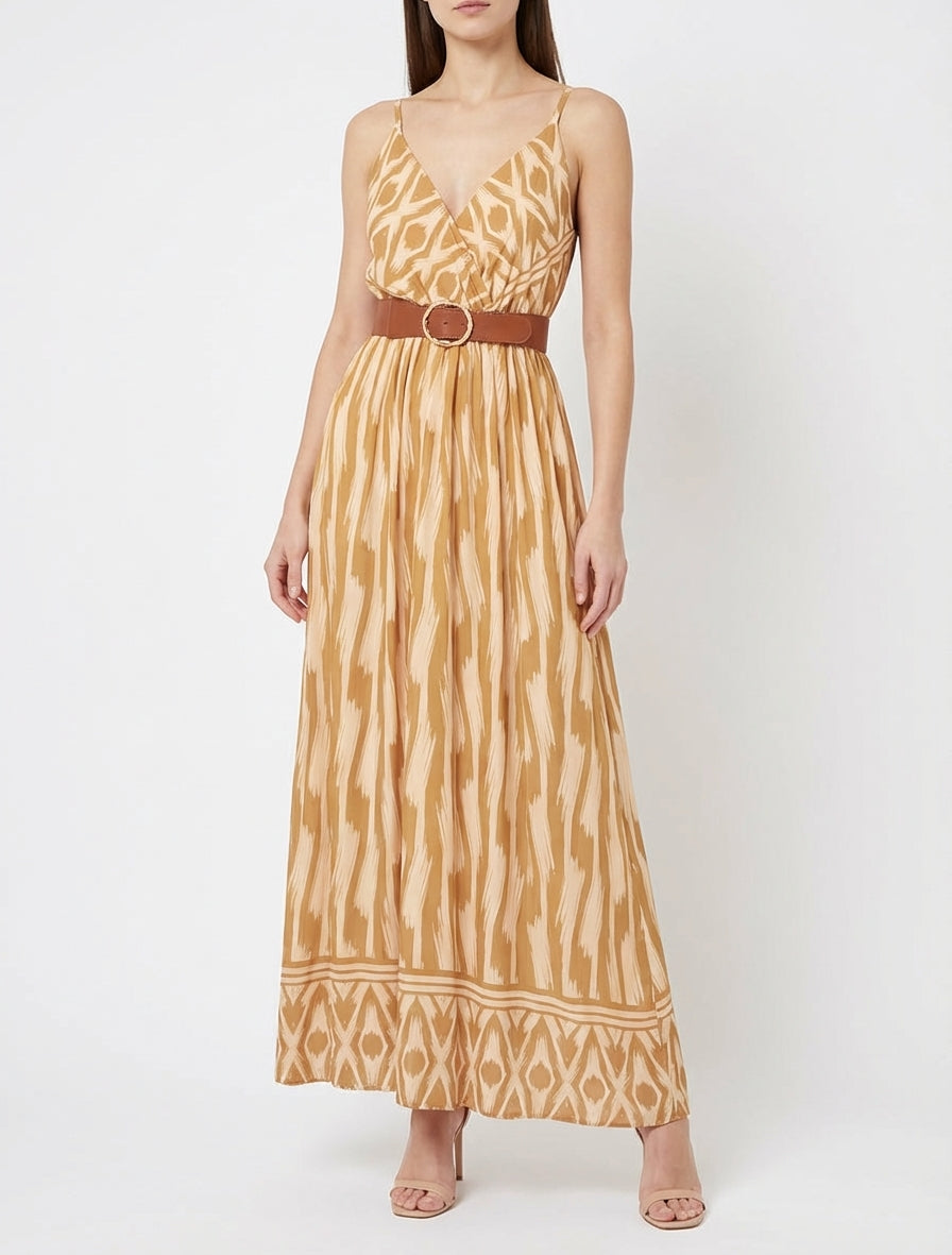 Jurk met elastische taille en fantasieprint - Mosterdgeel