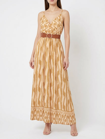 Jurk met elastische taille en fantasieprint - Mosterdgeel