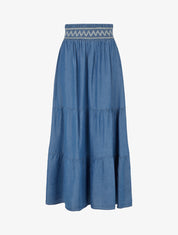 Jupe longue évasée à taille élastiquée fantaisie - Bleu denim - 1