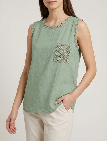 Mouwloos recht topje met een gehaakte zak - Licht kaki