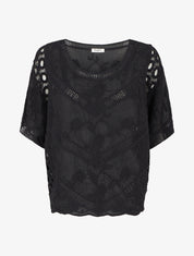 Top ample brodé à manches courtes - Noir - 1