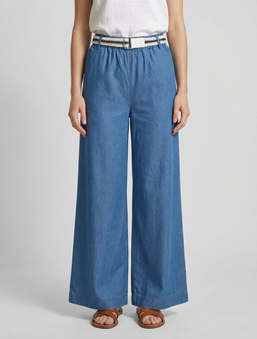 Wijde broek met hoge taille en ceintuur - Blauwe denim