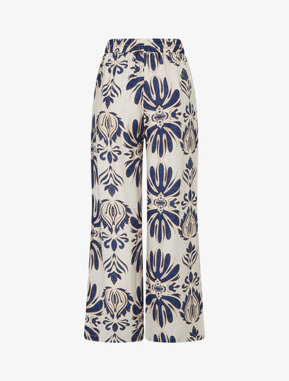 Pantalon ample taille haute imprimé arabesque - Marine - 2