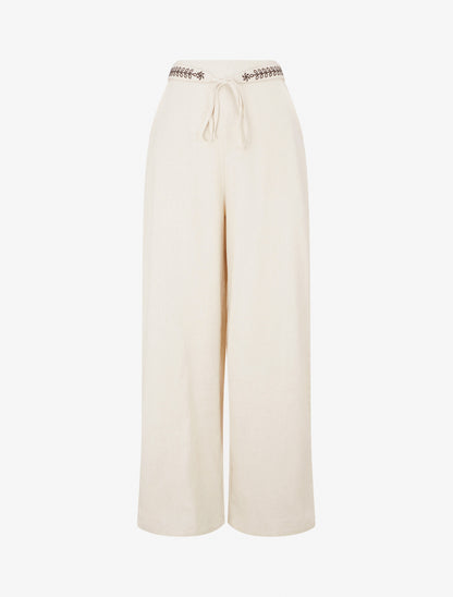 Pantalon ample uni à ceinture brodée - Beige - 1