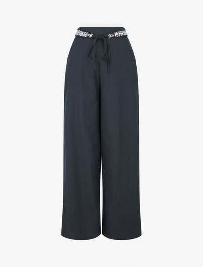Pantalon ample uni à ceinture brodée - Bleu nuit - 1