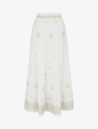 Jupe longue élastiquée à broderie - Blanc - 1