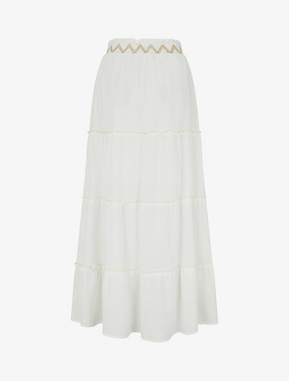 Jupe longue élastiquée à broderie - Blanc - 2