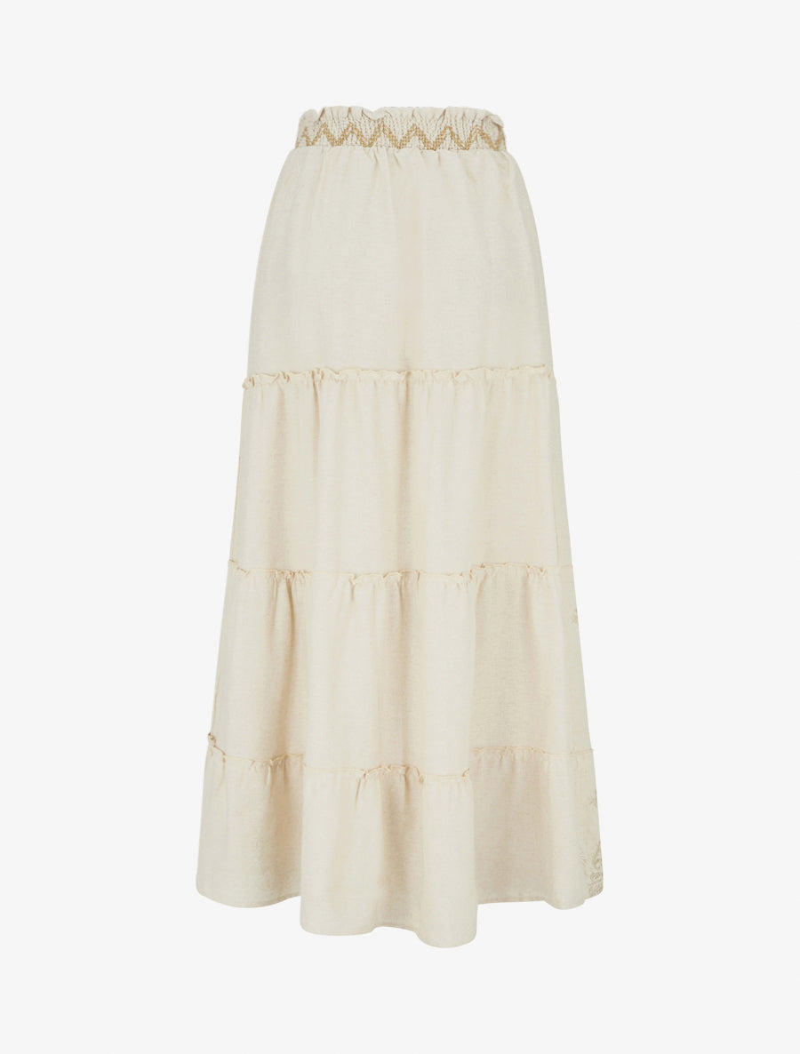 Jupe longue élastiquée à broderie - Beige - 2