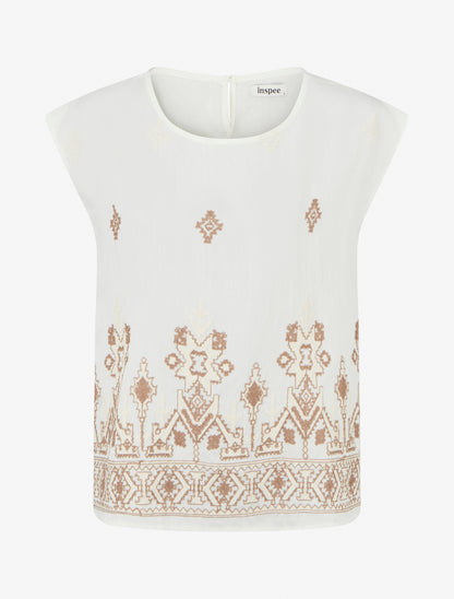 Top sans manches brodé coupe carrée - Beige - 1