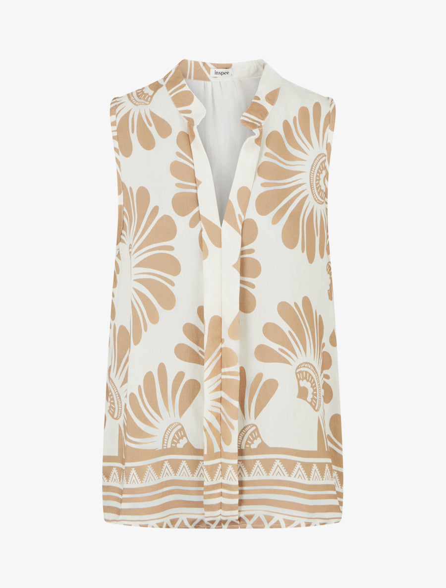 Top sans manches imprimé fleurs stylisées - Beige - 1