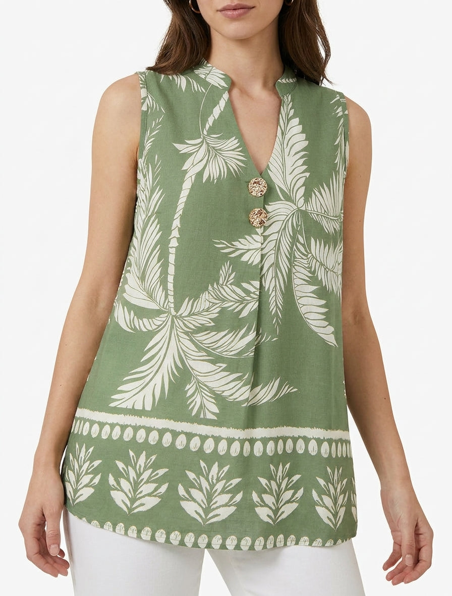 Top met decoratieve knopenprint - Kaki